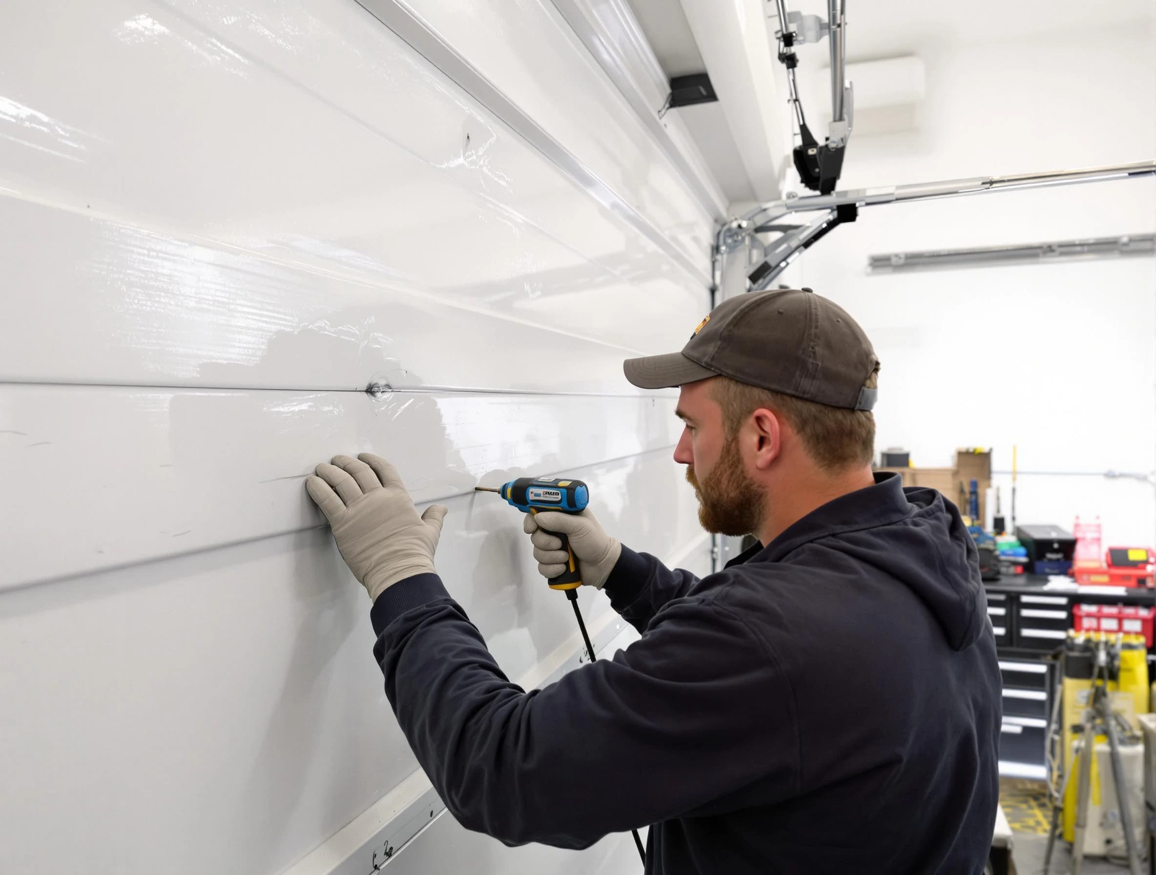 Lynn Garage Door Repair technician demonstrating precision dent removal techniques on a Lynn garage door