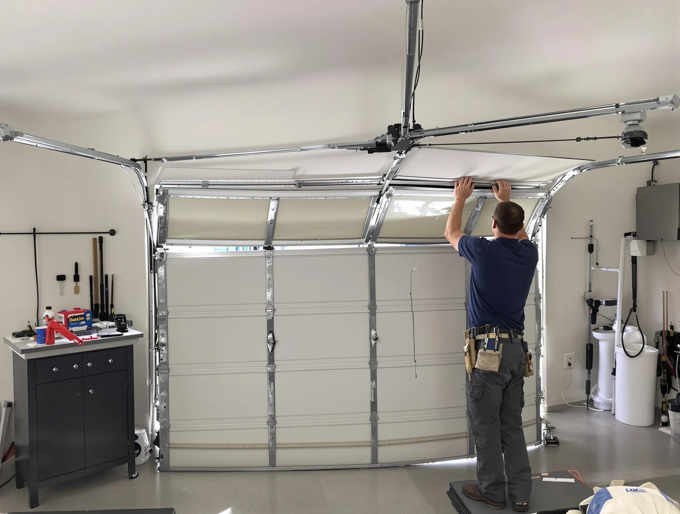 Lynn Garage Door Repair specialist performing precise section replacement on Lynn garage door