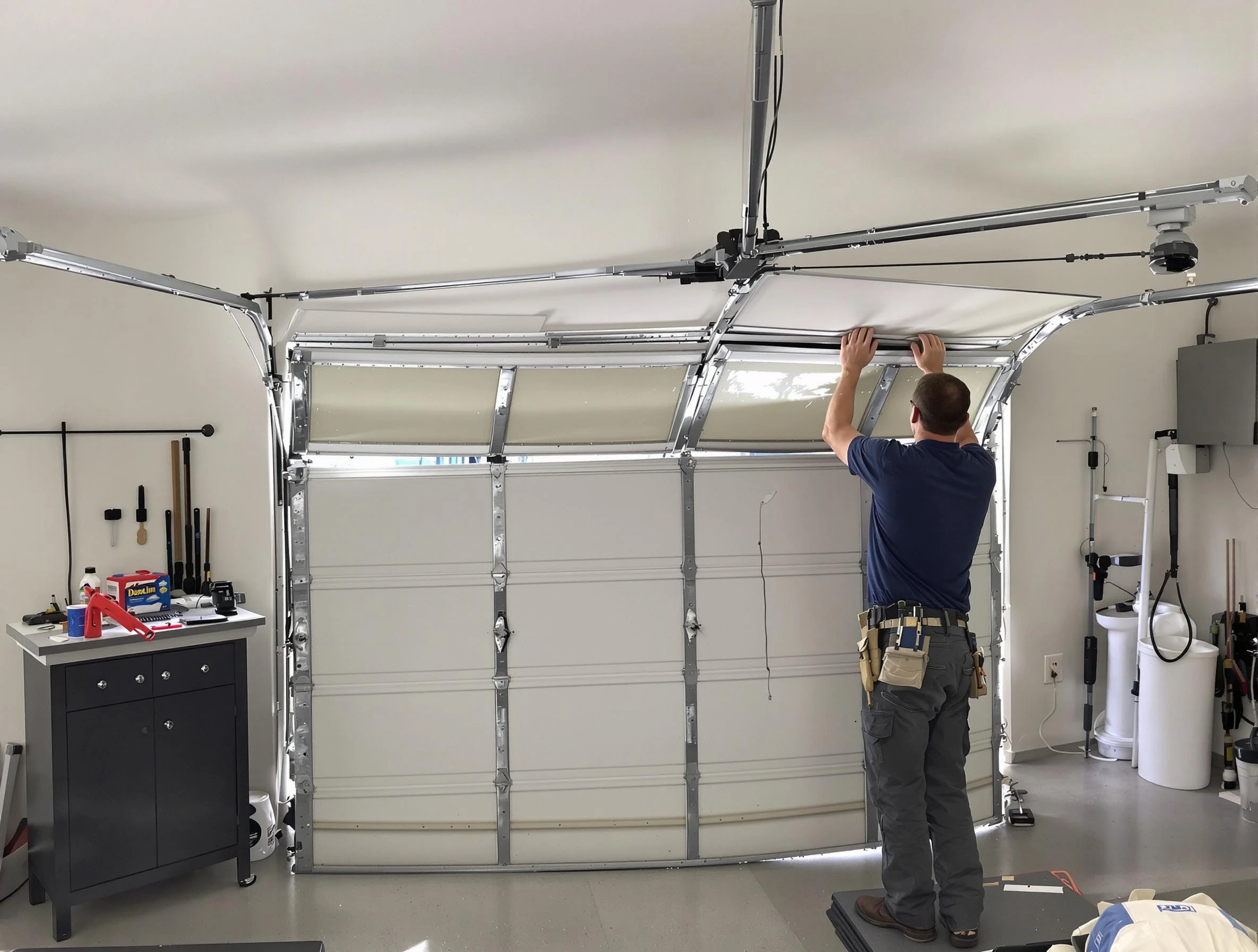 Lynn Garage Door Repair specialist performing precise section replacement on Lynn garage door